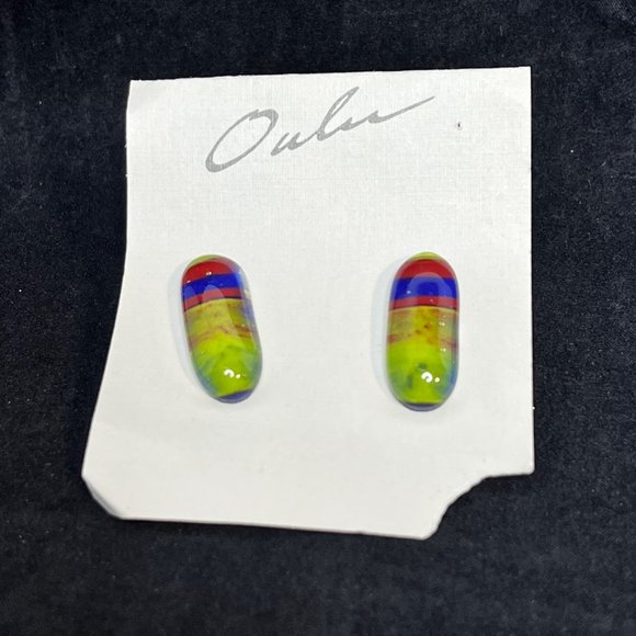 Vintage Oulu Yellow, Green, Red & Blue Glass Fused Pierced Earrings (3259) - Picture 1 of 6